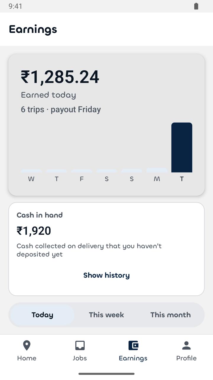 Earnings: See trip earnings, cash in hand and payout details.